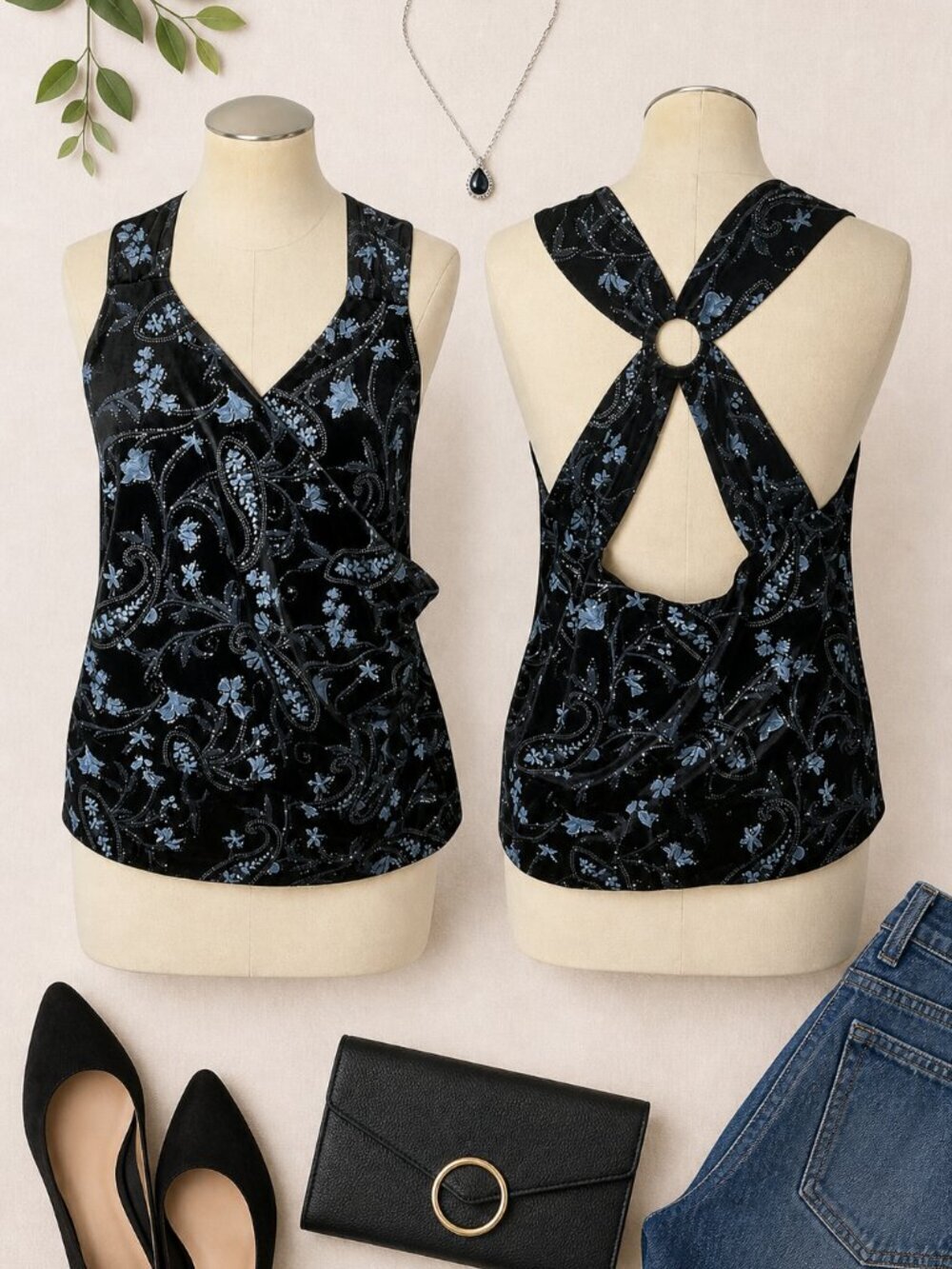 Studio 1940 Black Floral Tank Top XL Ruffle Wrap Sleeveless Blouse